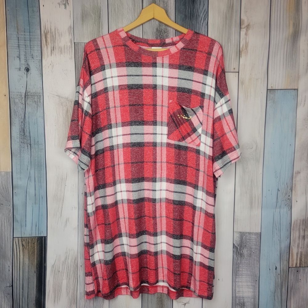Pink Victoria's Secret Red White Black Plaid Knit Sleep Shirt Gown size Medium